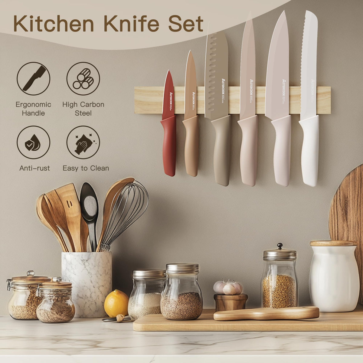 []Astercook Knife Set, 13 Pieces Kitchen Knives Set with Healthy Anti-Rust Coating, Dishwasher Safe, Stainless Steel Chef Knife Sets with 6 Blade Guards, Perfect Holiday Gifts for Kitchen