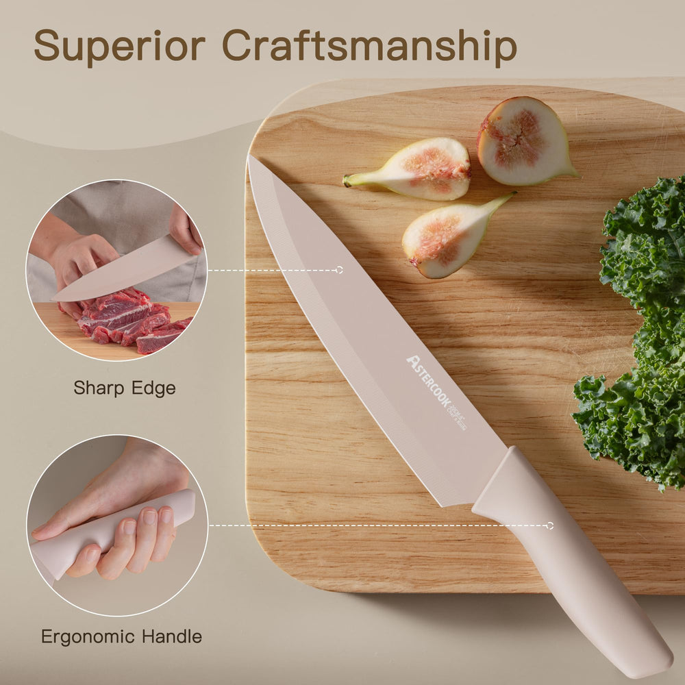 []Astercook Knife Set, 13 Pieces Kitchen Knives Set with Healthy Anti-Rust Coating, Dishwasher Safe, Stainless Steel Chef Knife Sets with 6 Blade Guards, Perfect Holiday Gifts for Kitchen