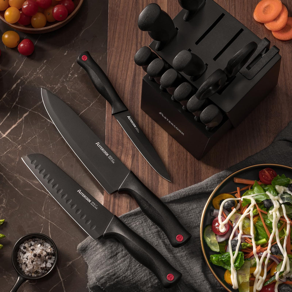Knife Set, Astercook 15 Pieces Knife Sets for Kitchen with Block, Dishwasher Safe Kitchen Knife Set with Built in Sharpener Block, German Stainless Steel Kitchen Utensils Set