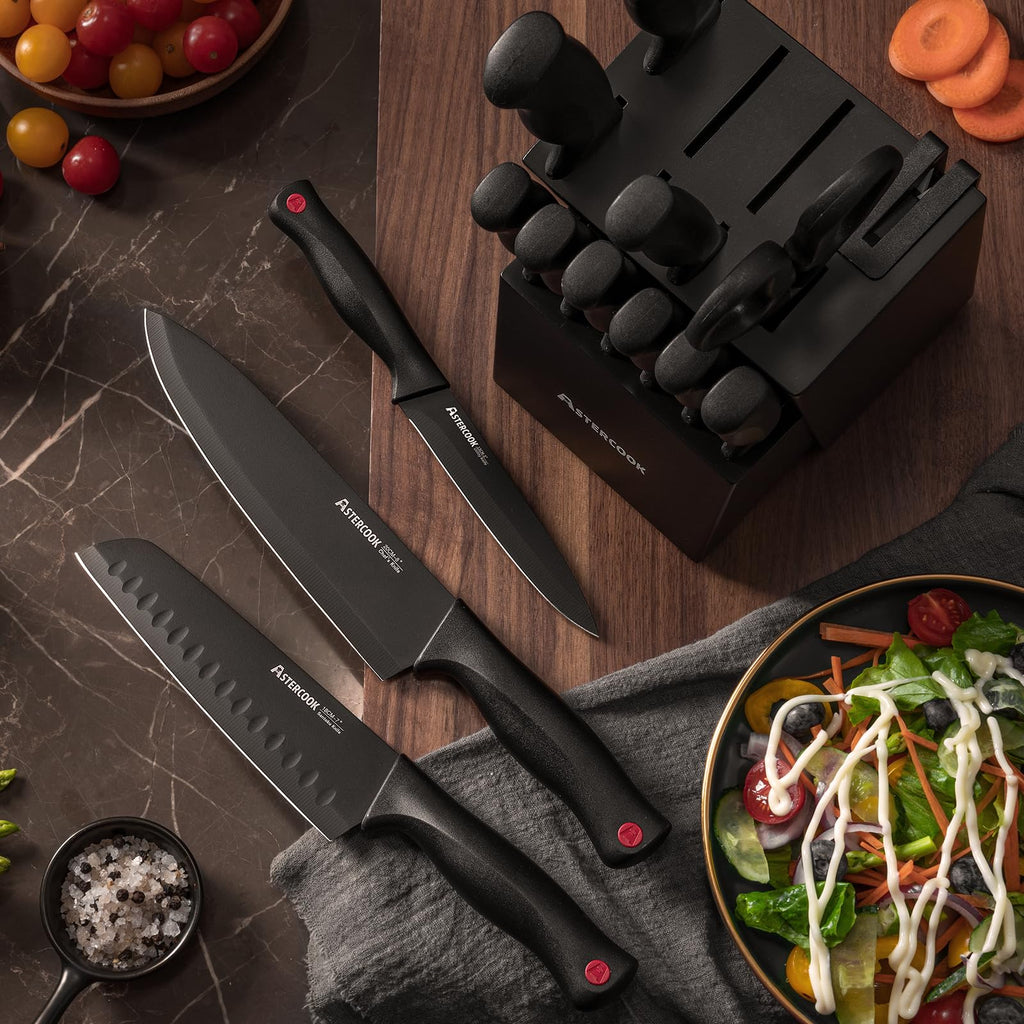 Knife Set, Astercook 15 Pieces Knife Sets for Kitchen with Block, Dishwasher Safe Kitchen Knife Set with Built in Sharpener Block, German Stainless Steel Kitchen Utensils Set