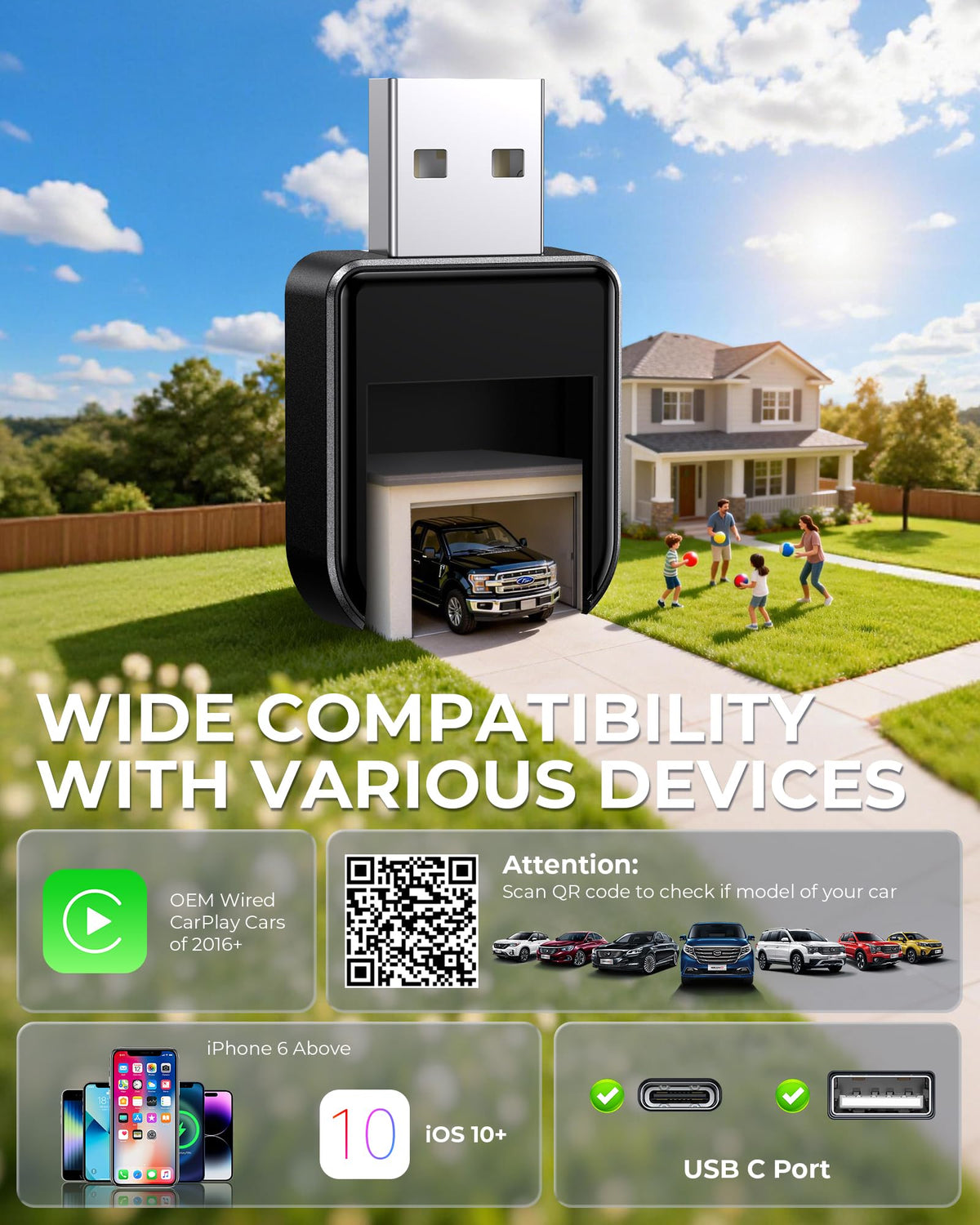 Luckyish Wireless Carplay Adapter for iPhone Latest Upgrade, Tiny Bluetooth Dongle Convert Wired to Wireless for Apple Car Play Plug & Play, Zero-Lag Auto-Connect GPS Works with 2016+ Cars (Black)