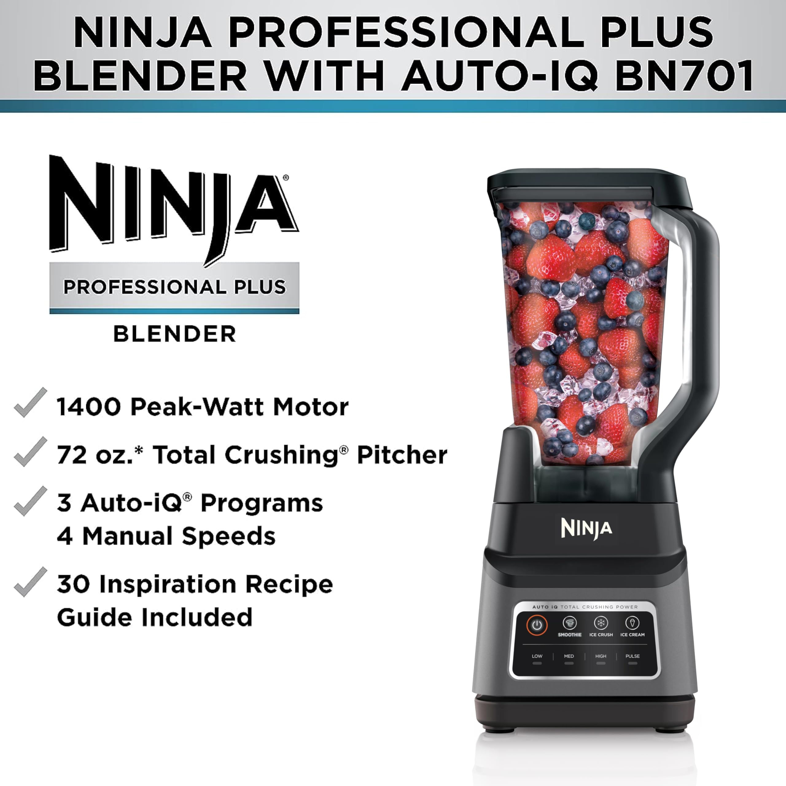 Professional Plus Blender with Auto-iQ | Smoothie and Ice Cream Maker, Frozen Drink Mixer, Margarita Machine | 3 Auto-iQ Presets, 1400W, 72-oz. Total Crushing Pitcher | Dark Grey | BN701