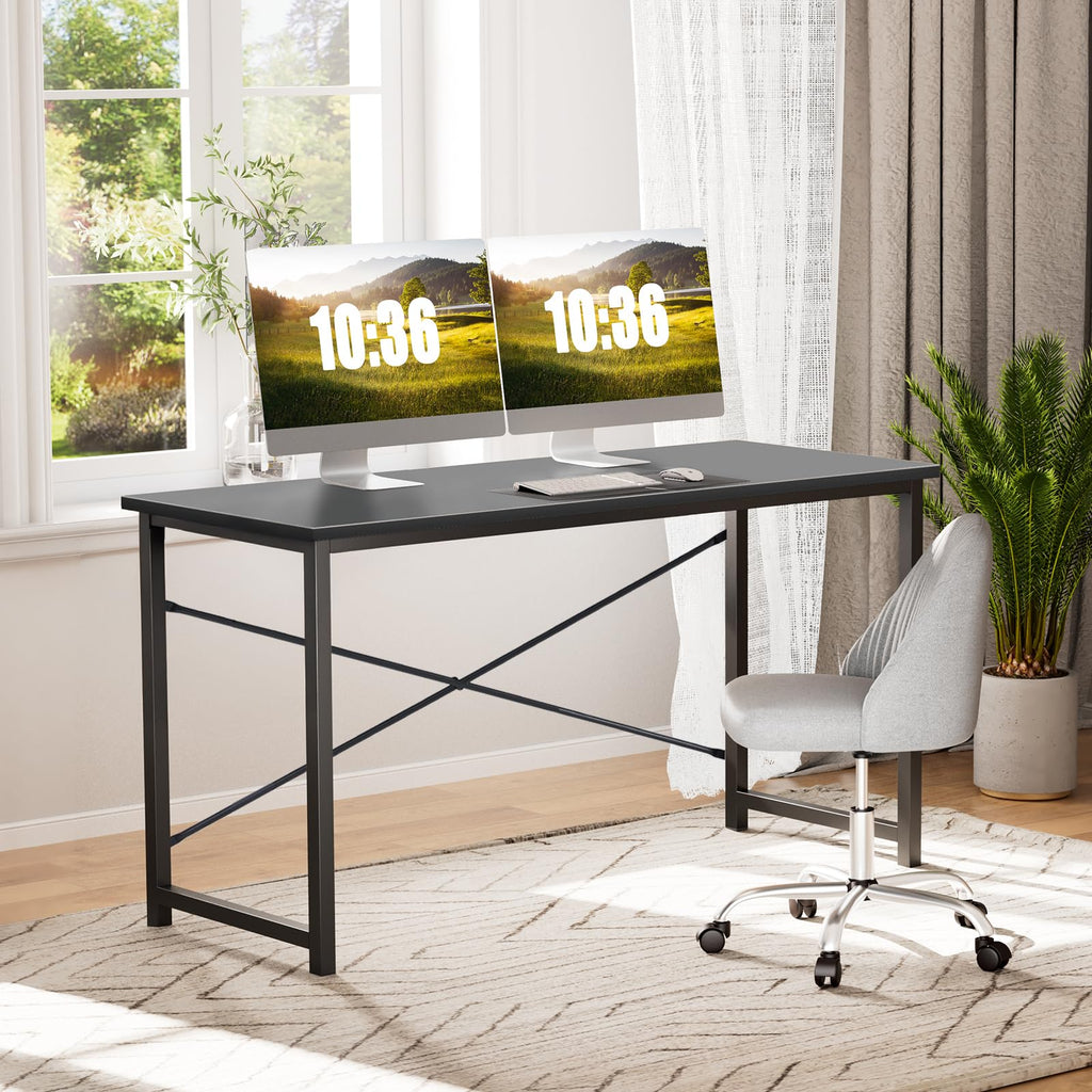 Sweetcrispy Computer Office Desk 48 Inch Student Study Writing Work with Metal Frame Wood Tabletop Modern Simple PC Home Bedroom Table - Basic Black, Compact Sturdy Desk for Laptop, Study, Gaming