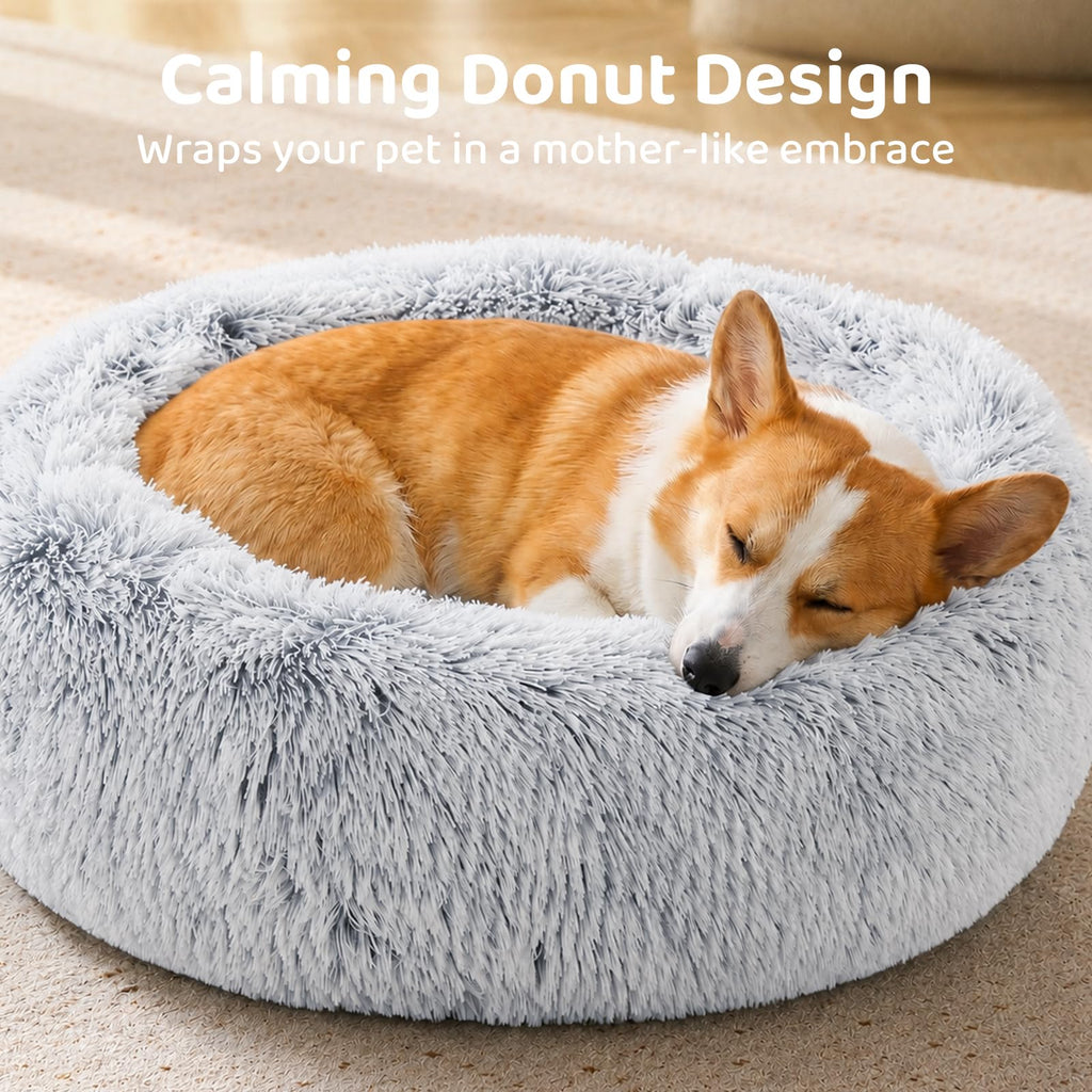 Small Dog Bed, Calming Soft Anti-Anxiety Donut Cat Bed, Washable Round Fluffy Cushion for Small and Medium Pets (20")