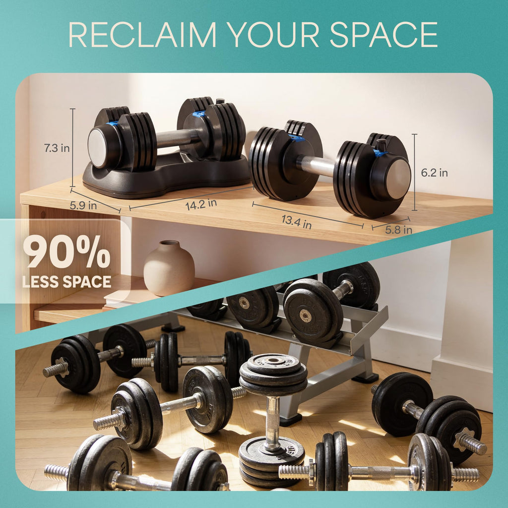 Powerflow Plus Adjustable Dumbbell Set of 2 with Rack – 5 to 25 lb Pair, Quick-Adjust Dial, Anti-Slip Grip, Space-Saving Hand Weights for Men & Women for Home Gym Strength Training