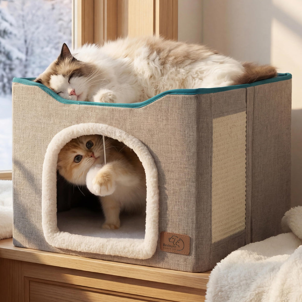 Cat Beds for Indoor Cats - Large Cat Cave for Pet Cat House with Fluffy Ball Hanging and Scratch Pad, Foldable Cat Hideaway, 16.5x16.5x13 inches, Grey