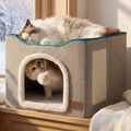Cat Beds for Indoor Cats - Large Cat Cave for Pet Cat House with Fluffy Ball Hanging and Scratch Pad, Foldable Cat Hideaway, 16.5x16.5x13 inches, Grey