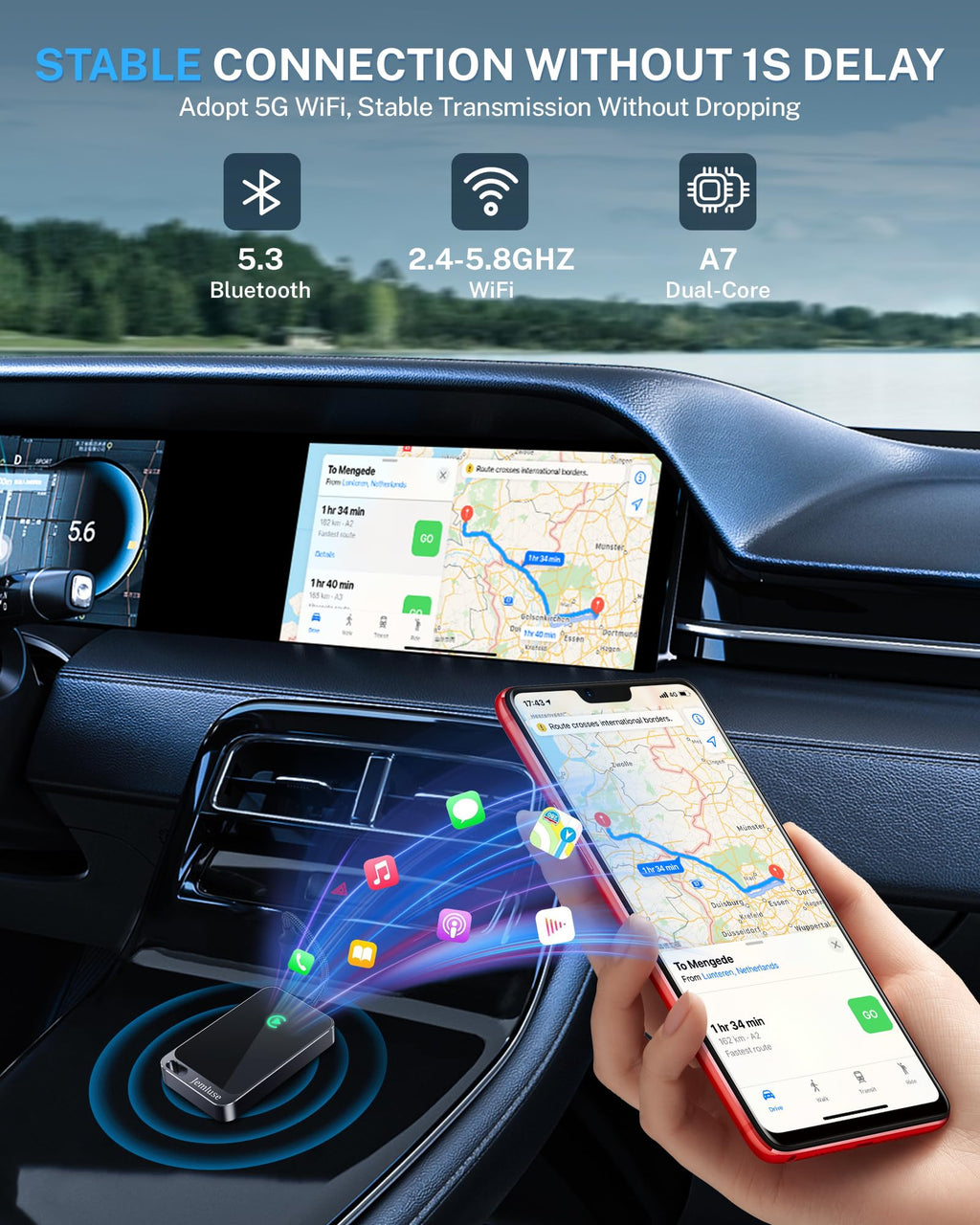 Wireless CarPlay Adapter for Apple iPhone - Multi-User Seamless Connection for Convert Wired to Wireless Car Play Adapter - No Latency from iOS 10+ to Screen w/USB C (Gray)