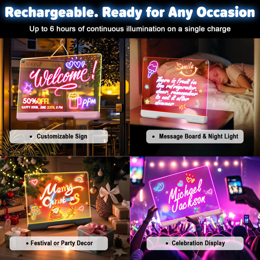 16" Rechargeable LED Drawing Board, 9-Color Light Modes, Neon Art Dry Erase Light Up Doodle Glow Pad with Built-in Stand, Sketching Gift Toy for Kids/Girls/Teens, 7 Markers & Tracing Book