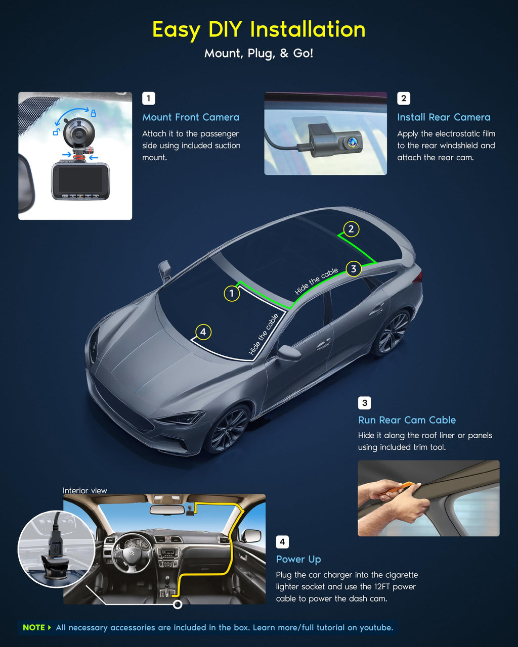 R2-4K DUAL Dash Cam Front and Rear, STARVIS 2 Sensor, FREE 128GB Card Included, 5G WiFi - up to 20MB/s Fastest Download Speed with App, 4K 2160P/FHD Dash Camera for Cars, 3" IPS, 24H Parking Mode
