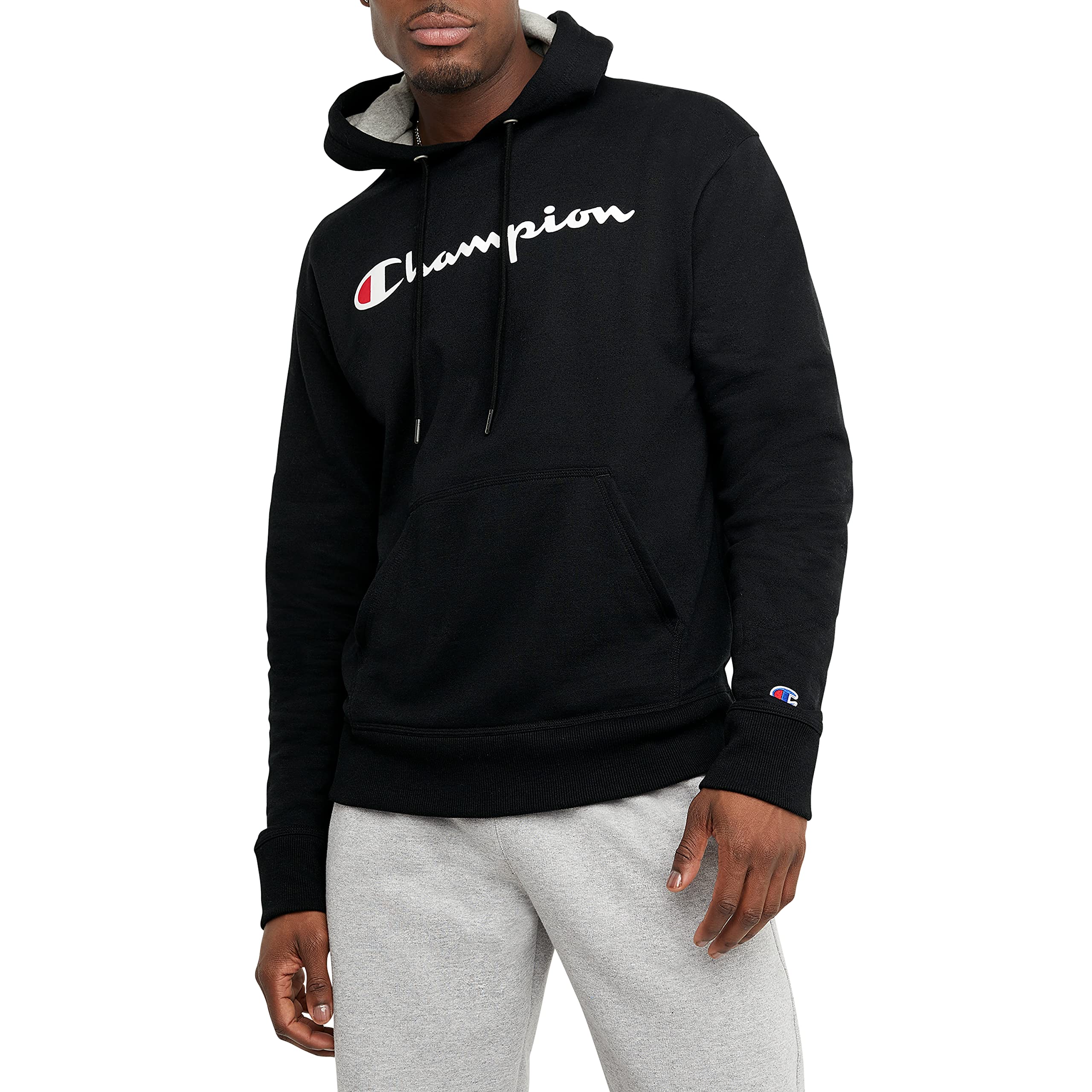 Champion Men's Pullover Graphic Fleece Hoodie, Standard Fit, Midweight Fleece, Classic Script Logo, Available in Regular and Big & Tall, Black, Large