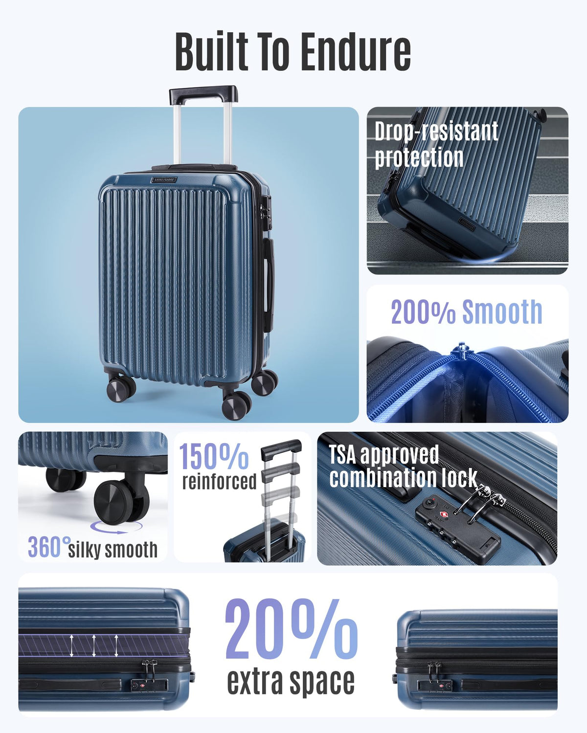 Carry On Luggage 22x14x9 Airline Approved, Durable Hard Shell Carry On Suitcases with Wheels, Expandable Hardside Lightweight Travel Luggage with TSA Lock, Royal Blue