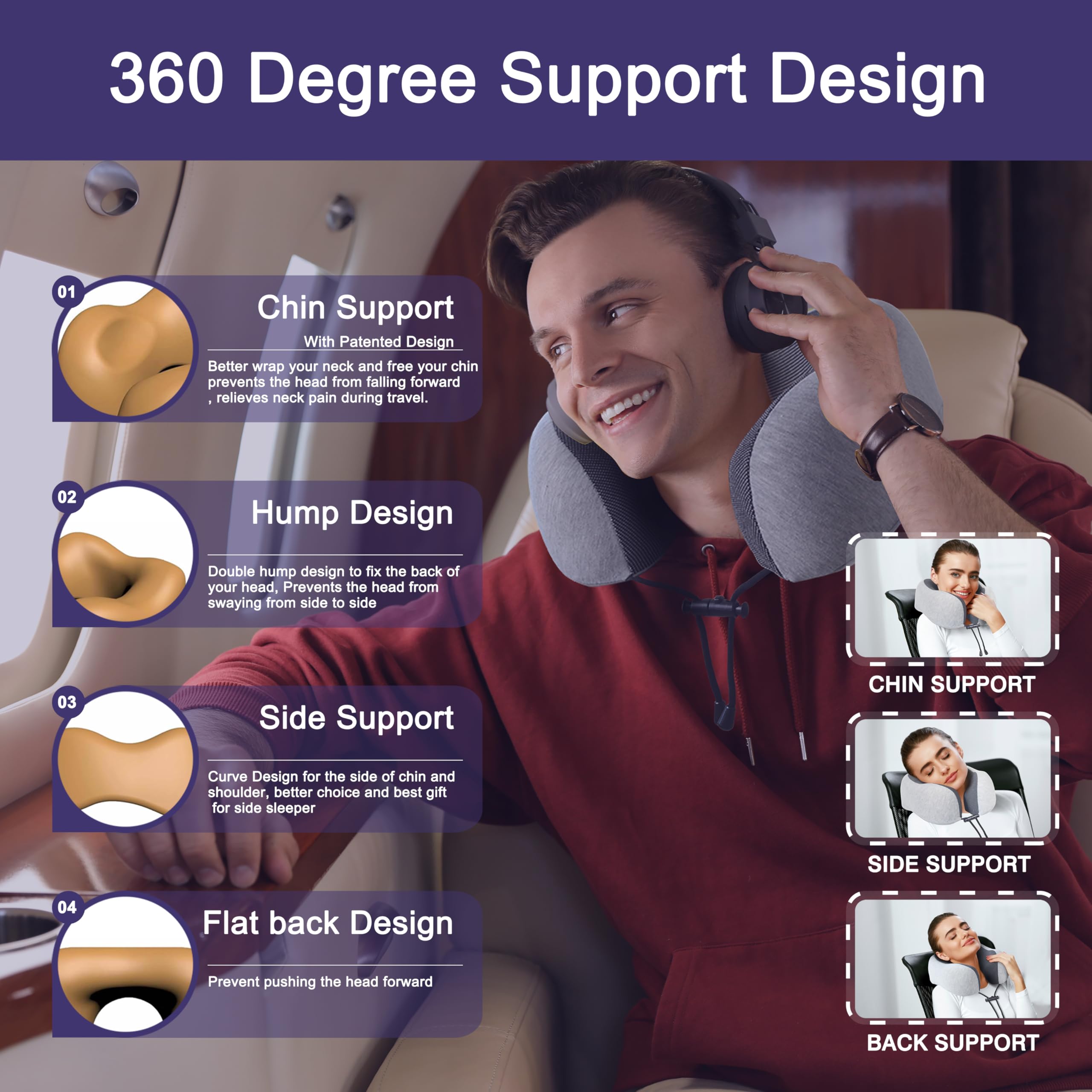 Neck Pillow for Traveling, Upgraded Travel Neck Pillow for Airplane 100% Pure Memory Foam Travel Pillow for Flight Headrest Sleep, Portable Plane Accessories, Light Grey