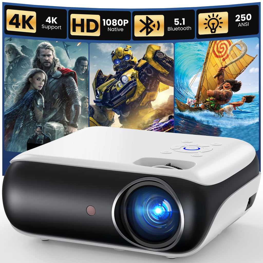 Native 1080P Projector, Bluetooth Home Theater Movie Projector with Built-in Speaker, Compatible with Smartphone, HDMI, Fire Stick, PS5, Indoor & Outdoor Use - Without Google TV System