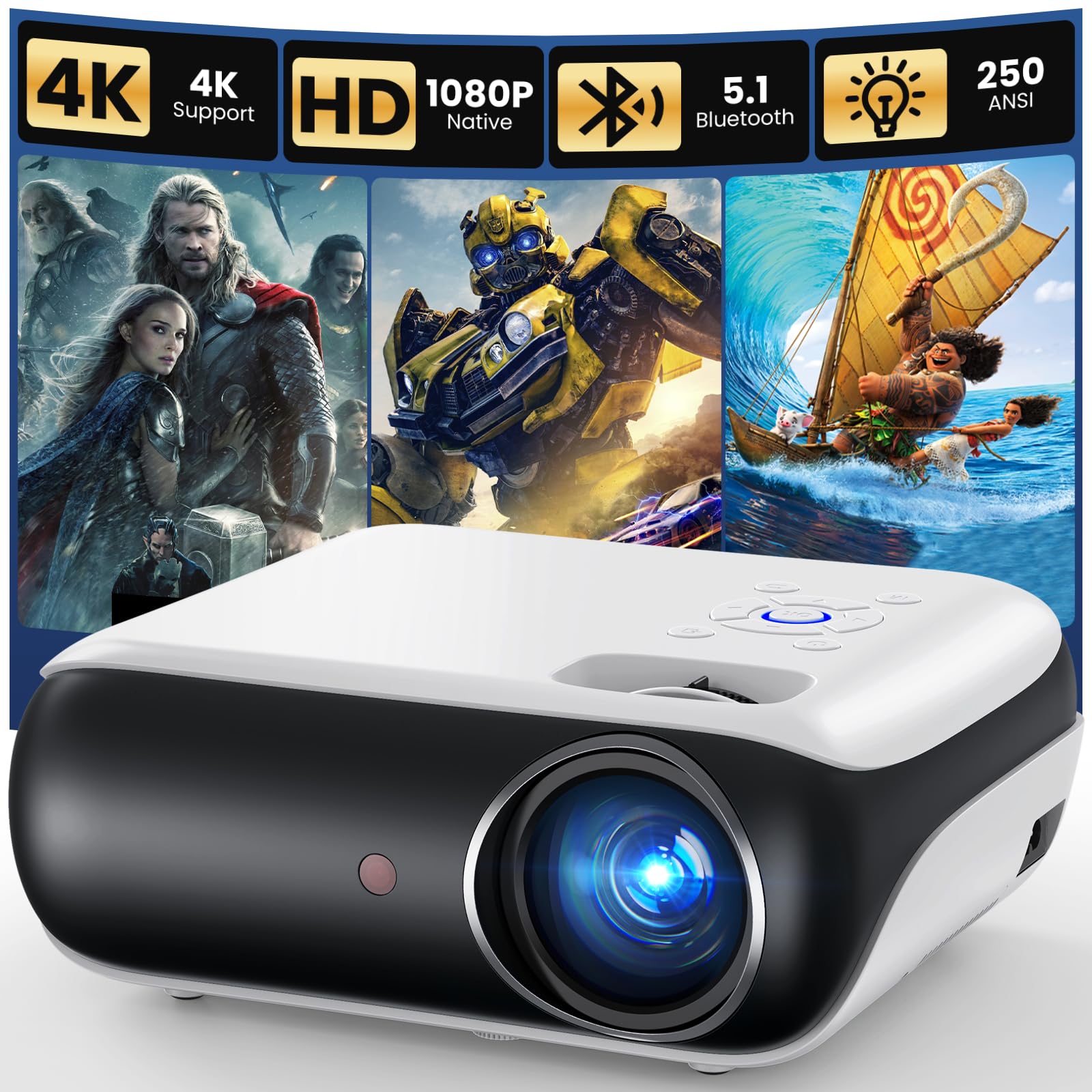 Native 1080P Projector, Bluetooth Home Theater Movie Projector with Built-in Speaker, Compatible with Smartphone, HDMI, Fire Stick, PS5, Indoor & Outdoor Use - Without Google TV System