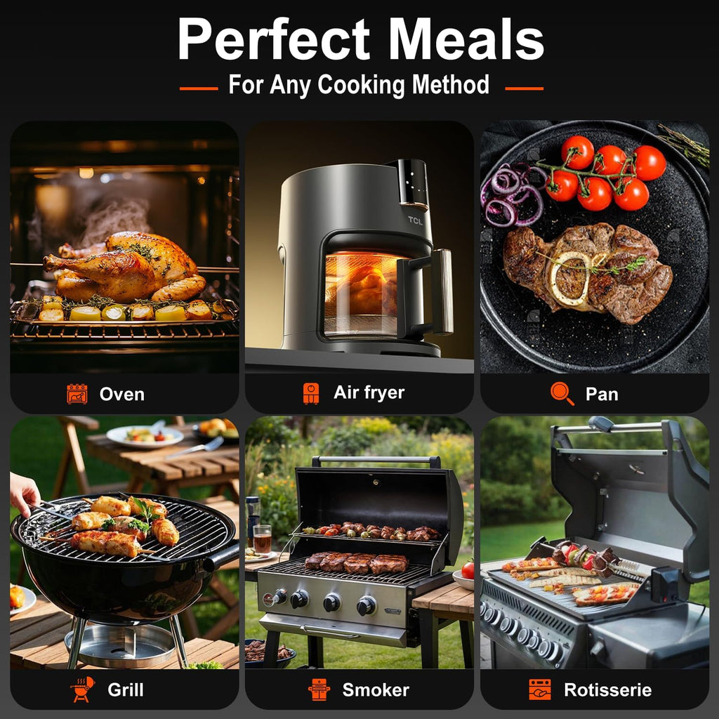 Smart Wireless Meat Thermometer IP67 Ultra-Thin Probe ±0.5℉ Accuracy Bluetooth 230ft Real-Time Monitoring & Smart Alerts with APP Standalone Display Base for BBQ, Oven, Kitchen,Grill,Smoker