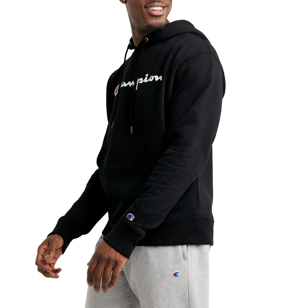 Men's Pullover Graphic Fleece Hoodie, Standard Fit, Midweight Fleece, Classic Script Logo, Available in Regular and Big & Tall, Black, Large