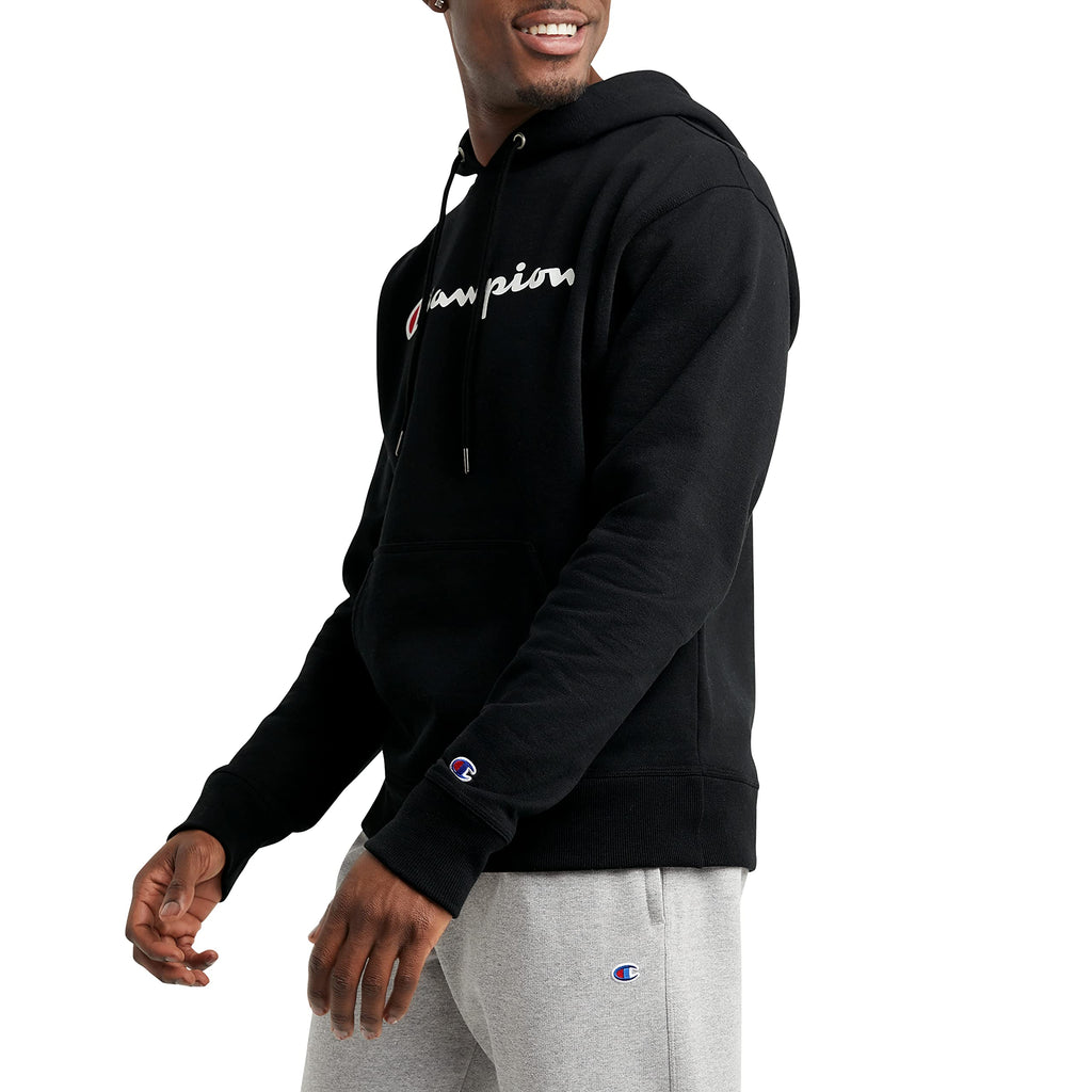 Champion Men's Pullover Graphic Fleece Hoodie, Standard Fit, Midweight Fleece, Classic Script Logo, Available in Regular and Big & Tall, Black, Large