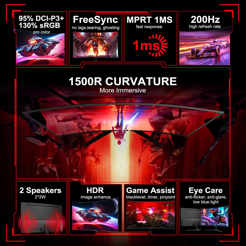 27 Inch Curved Gaming Monitor 200Hz 1ms with Speakers FHD 1080P Computer Monitor FreeSync|1500R|130% sRGB|HDR|Low Blue Light|HDMI DP Ports|VESA Mount|Metal Stand(HDMI Cable Incl.)
