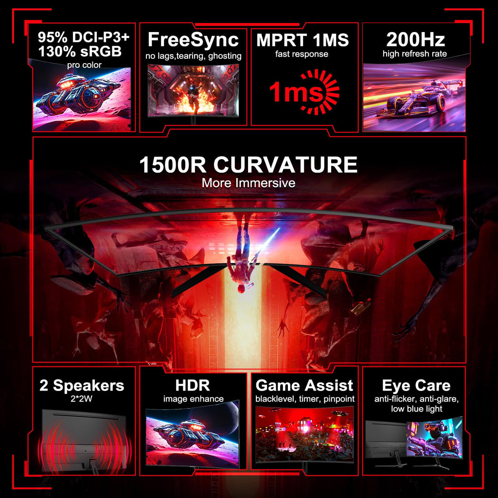 27 Inch Curved Gaming Monitor 200Hz 1ms with Speakers FHD 1080P Computer Monitor FreeSync|1500R|130% sRGB|HDR|Low Blue Light|HDMI DP Ports|VESA Mount|Metal Stand(HDMI Cable Incl.)