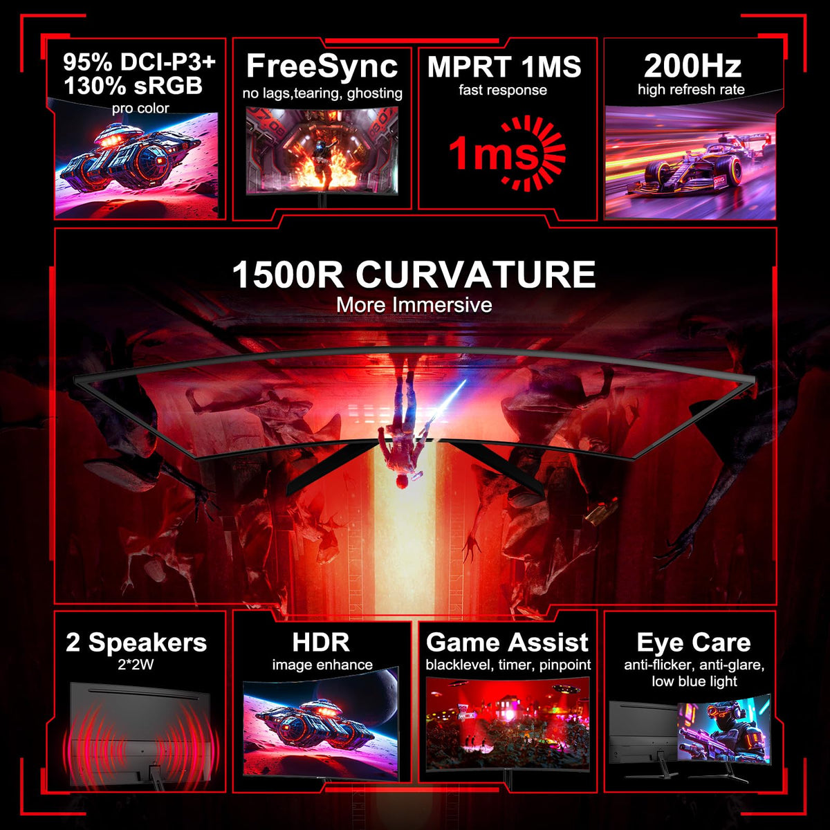 SANSUI 27 Inch Curved Gaming Monitor 200Hz 1ms with Speakers FHD 1080P Computer Monitor FreeSync|1500R|130% sRGB|HDR|Low Blue Light|HDMI DP Ports|VESA Mount|Metal Stand(HDMI Cable Incl.)