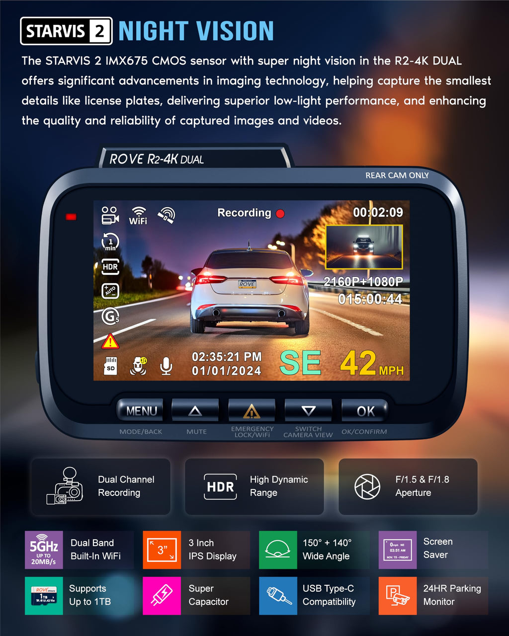 R2-4K DUAL Dash Cam Front and Rear, STARVIS 2 Sensor, FREE 128GB Card Included, 5G WiFi - up to 20MB/s Fastest Download Speed with App, 4K 2160P/FHD Dash Camera for Cars, 3" IPS, 24H Parking Mode