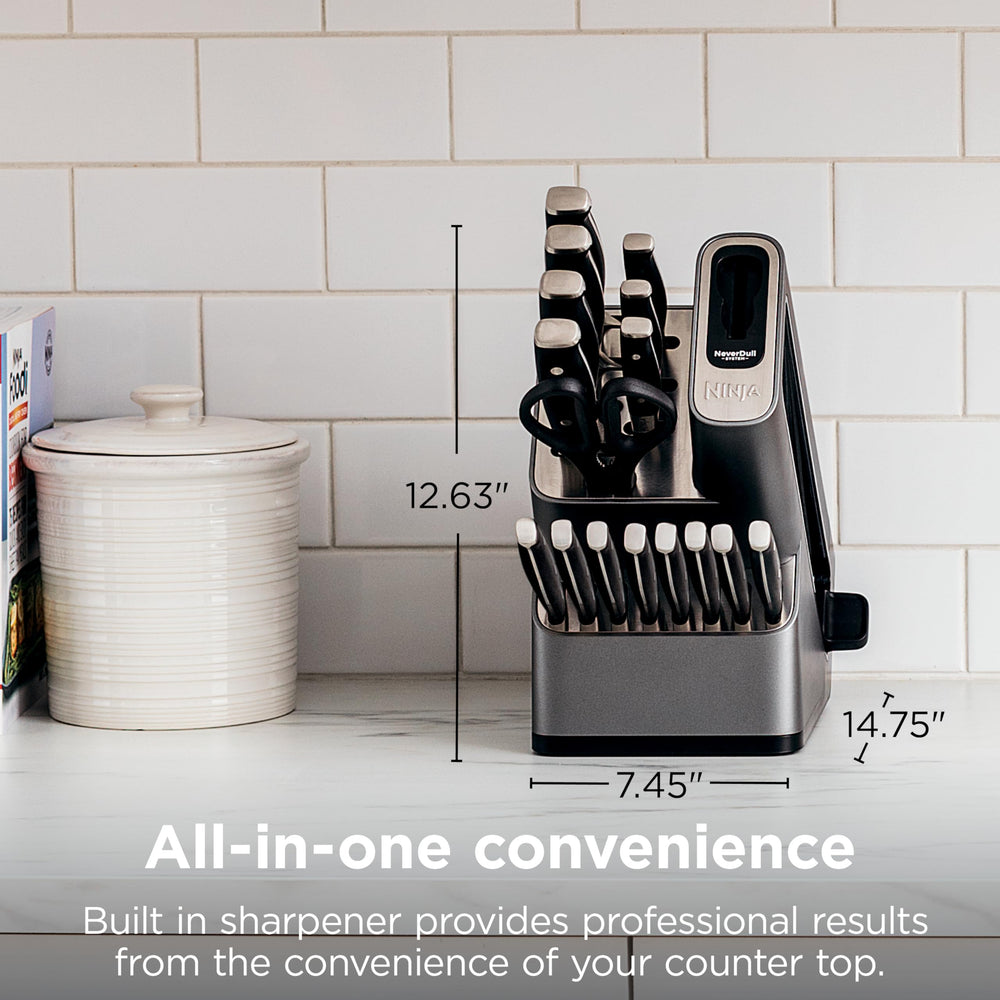 NeverDull® Knife Block Set | 17 Piece Kitchen Knife System with Built-in Sharpener | Rust Resistant, German Stainless-Steel Knives | Black | K32017