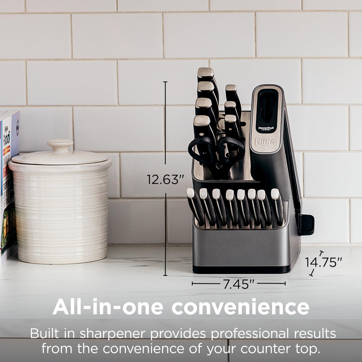 NeverDull® Knife Block Set | 17 Piece Kitchen Knife System with Built-in Sharpener | Rust Resistant, German Stainless-Steel Knives | Black | K32017