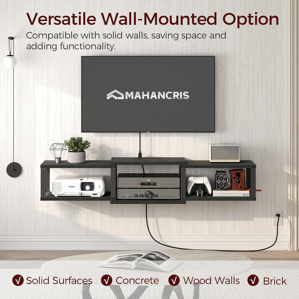 43.7” Floating TV Stand with Power Outlet, Wall-Mounted Entertainment Center, Floating Metal Frame Media Console Shelf for Under TV Storage, for Living Room, Bedroom, Black TVHB101E01