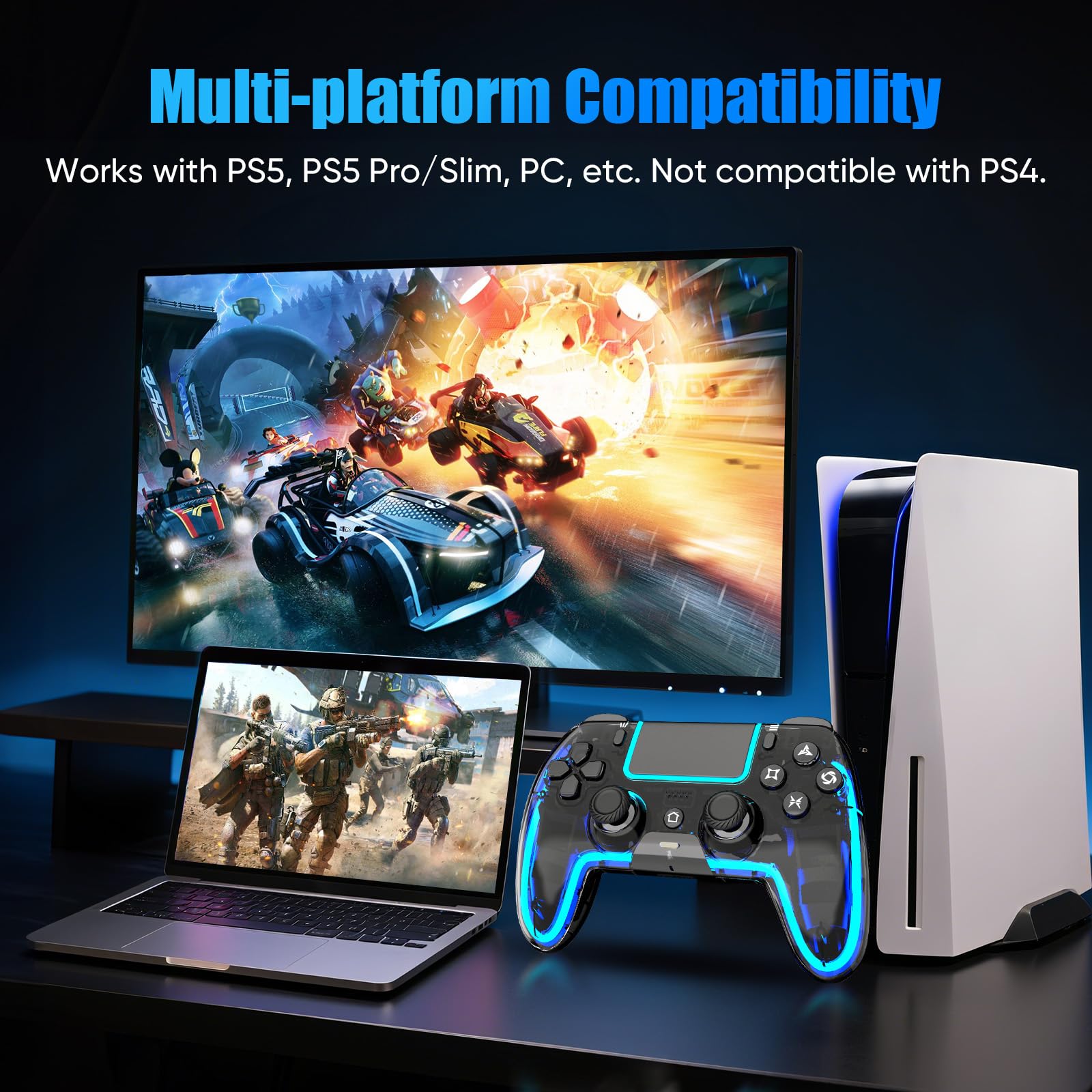 Wireless Controller for PS5, Pro/Slim/MAC/Steam Deck/PC, Hall Effect Joystick, Dual Vibration/Macro/Turbo, 3.5mm Jack, 6-Axis, Mute Key, LED Gamepad with Speaker (4 Lighting Effects, 9 Light Colors)
