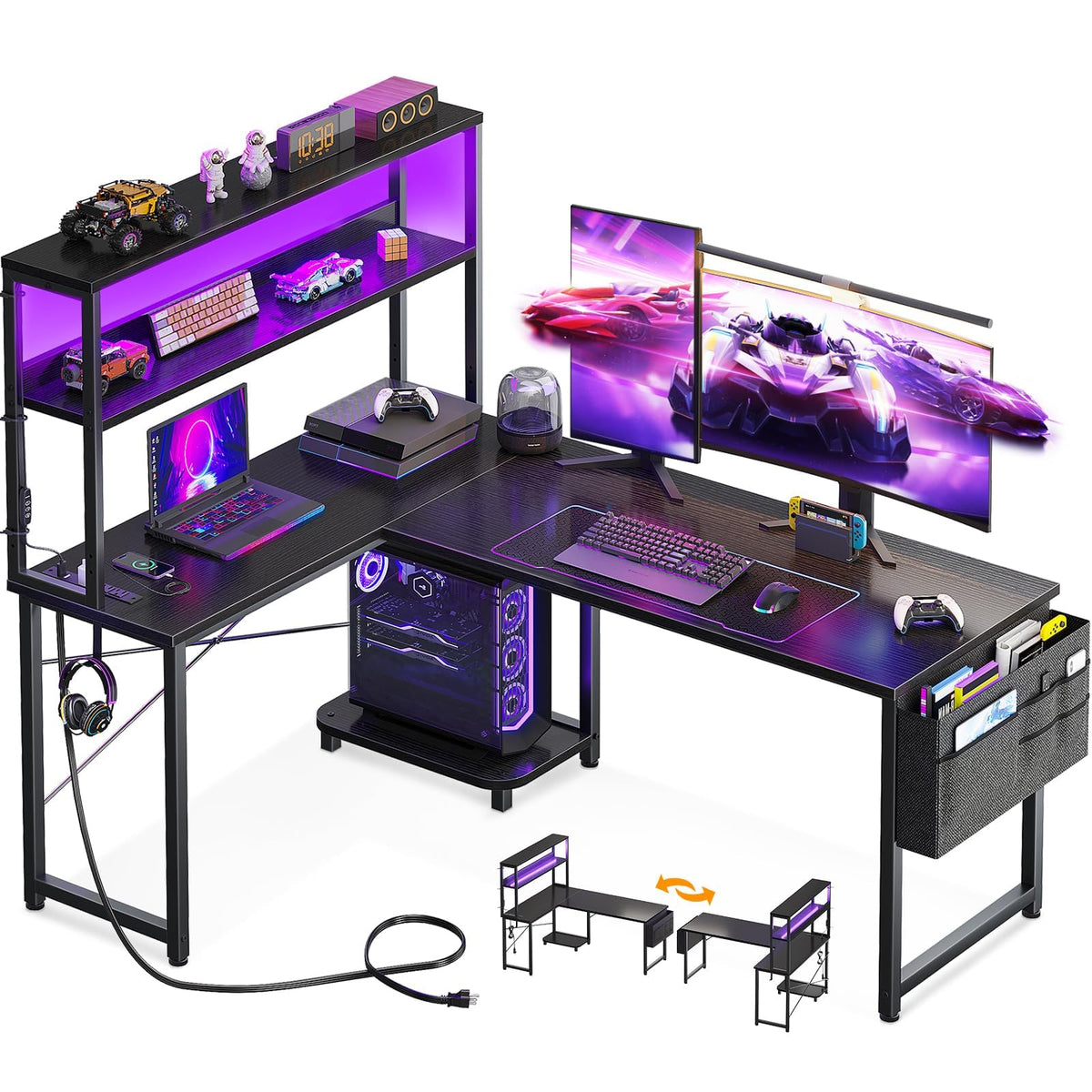 L Shaped Desk Gaming Desk with LED Light & Power Outlet, 53 Inch Reversible L Shaped Computer Table with Shelf & Storage Bag & Hook for Home Office, Black