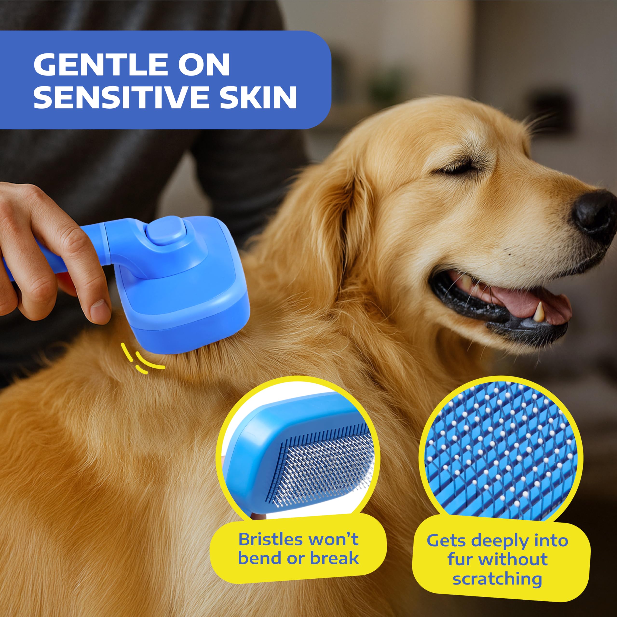 Self Cleaning Slicker Brush for Cats & Dogs – Grooming Tool for Shedding Long & Short Hair – Retractable Bristles Pet Brush – Easy-Clean Cat & Dog Deshedding – Painless Detangling - Blue