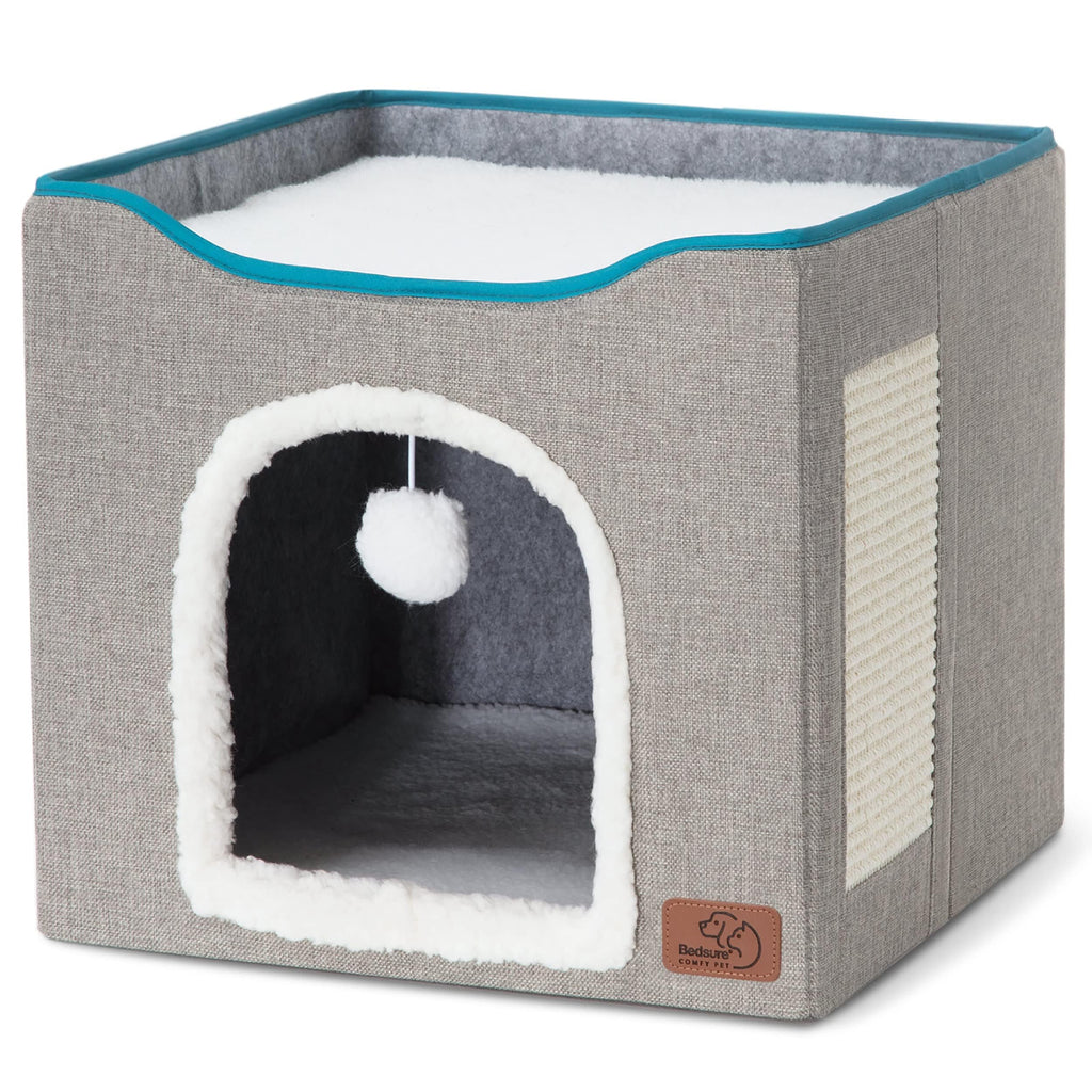 Cat Beds for Indoor Cats - Large Cat Cave for Pet Cat House with Fluffy Ball Hanging and Scratch Pad, Foldable Cat Hideaway, 16.5x16.5x13 inches, Grey