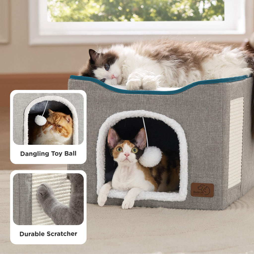 Cat Beds for Indoor Cats - Large Cat Cave for Pet Cat House with Fluffy Ball Hanging and Scratch Pad, Foldable Cat Hideaway, 16.5x16.5x13 inches, Grey