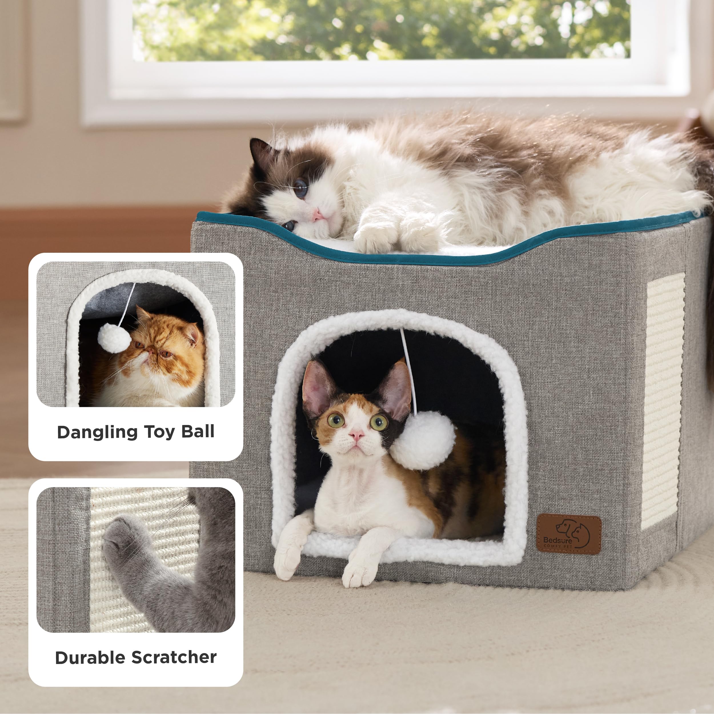 Cat Beds for Indoor Cats - Large Cat Cave for Pet Cat House with Fluffy Ball Hanging and Scratch Pad, Foldable Cat Hideaway, 16.5x16.5x13 inches, Grey