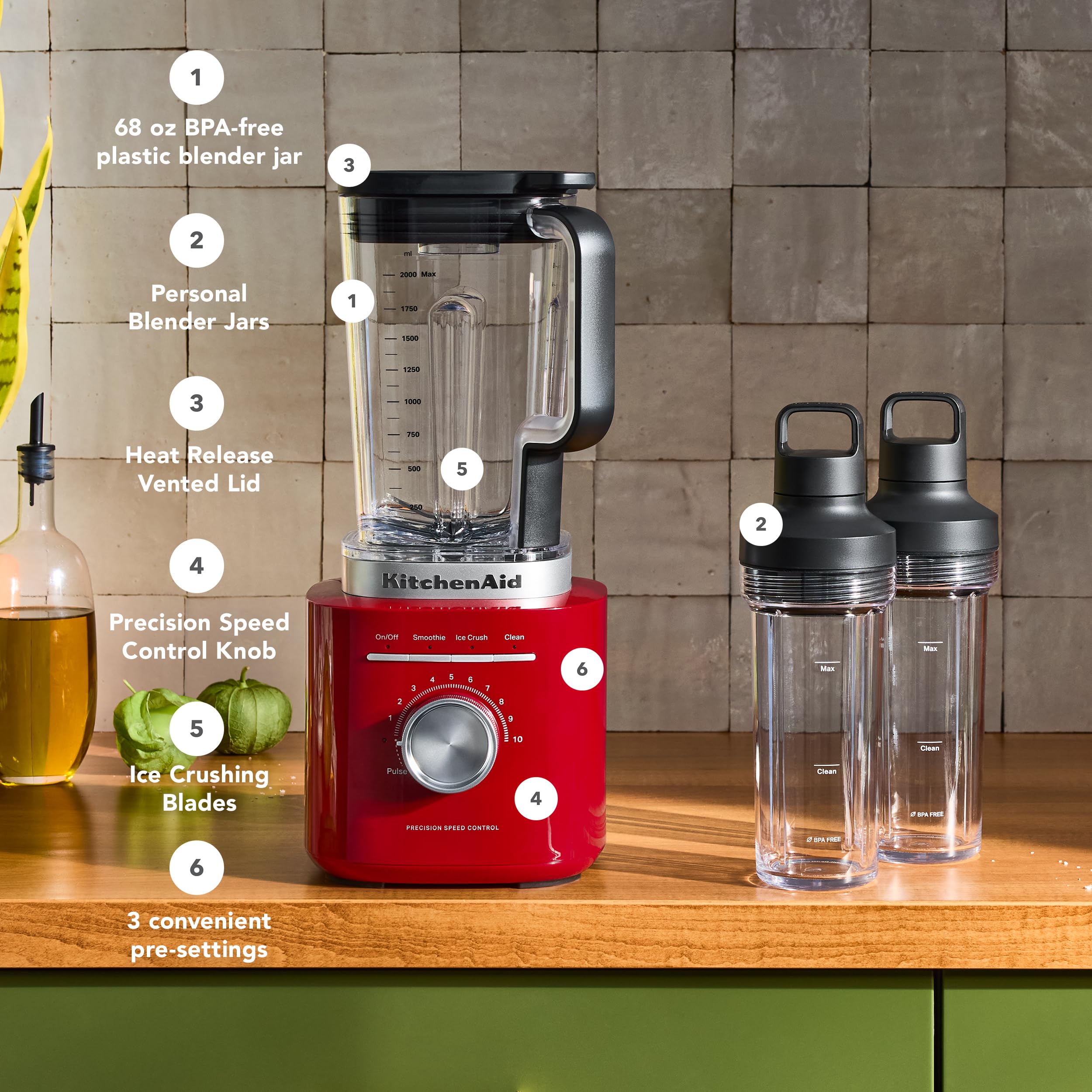 Pure Power Blender with 2 Personal Blending Jars, 1700 Watt Peak Power*, KSB2078, Empire Red