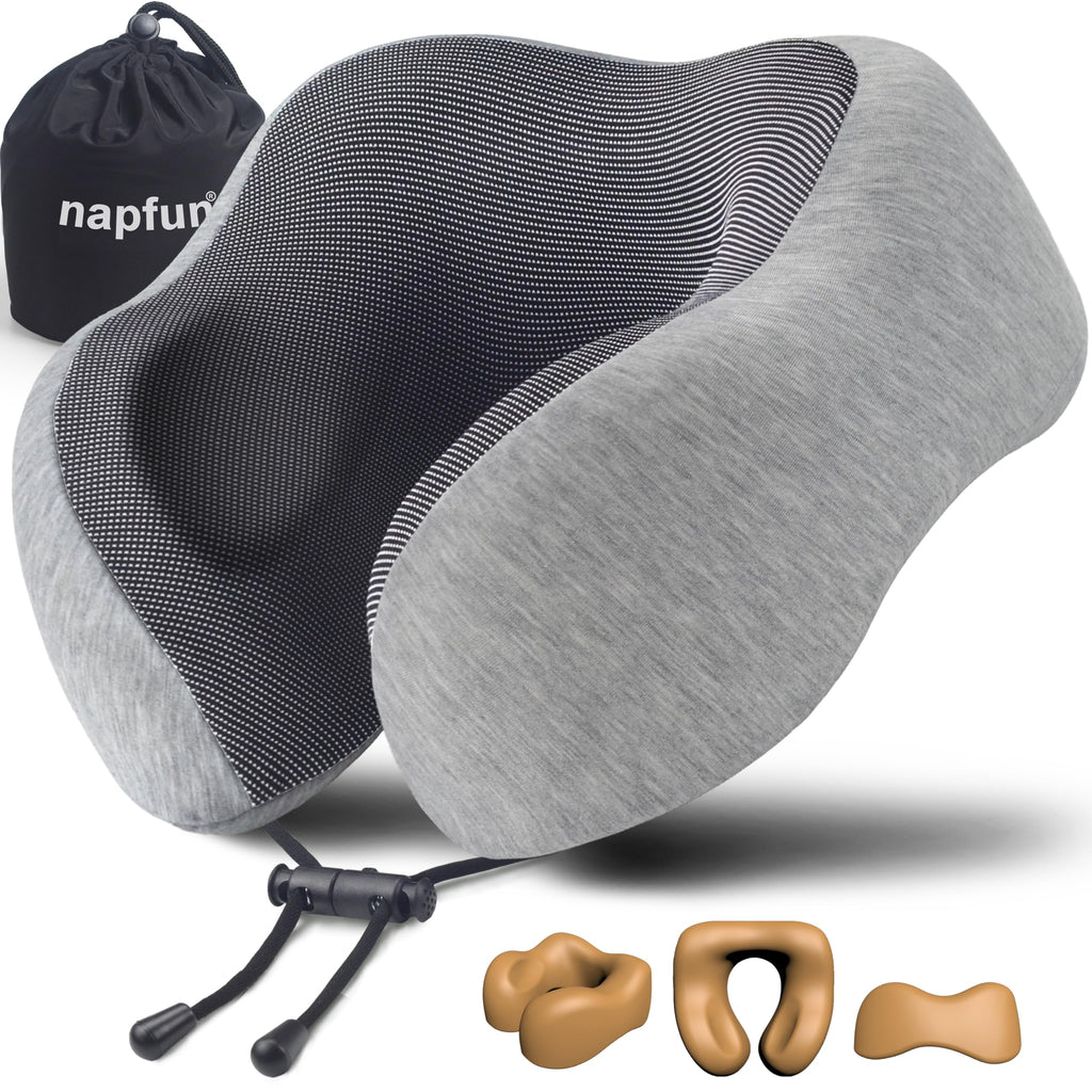 Neck Pillow for Traveling, Upgraded Travel Neck Pillow for Airplane 100% Pure Memory Foam Travel Pillow for Flight Headrest Sleep, Portable Plane Accessories, Light Grey