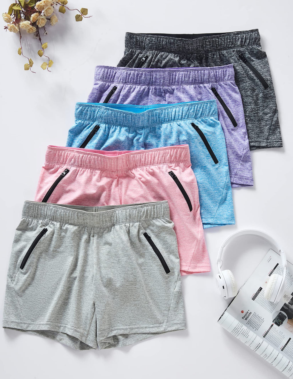 5 Pack: Womens Workout Gym Shorts Casual Lounge Set, Ladies Active Athletic Apparel with Zipper Pockets (Set 1, Medium)