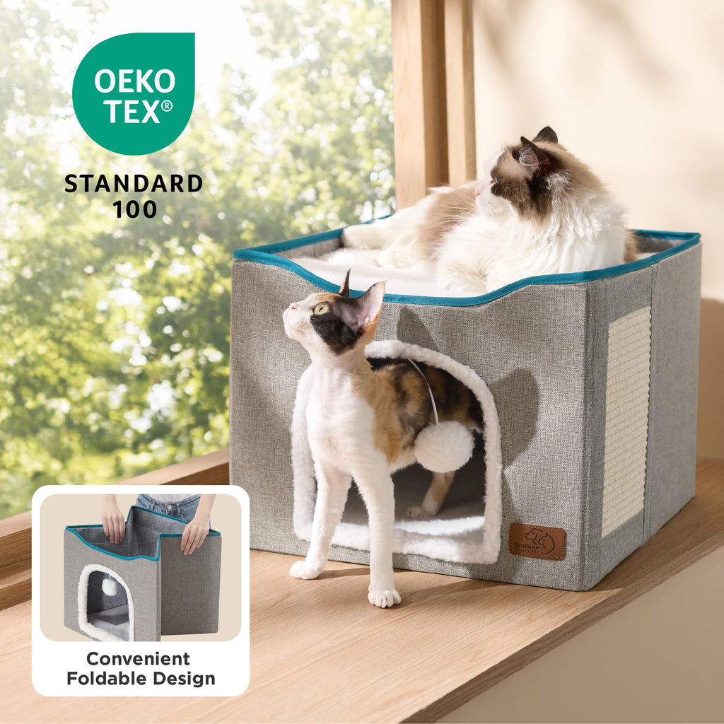 Cat Beds for Indoor Cats - Large Cat Cave for Pet Cat House with Fluffy Ball Hanging and Scratch Pad, Foldable Cat Hideaway, 16.5x16.5x13 inches, Grey