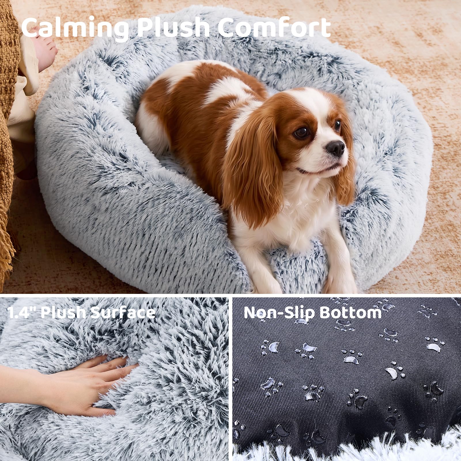Small Dog Bed, Calming Soft Anti-Anxiety Donut Cat Bed, Washable Round Fluffy Cushion for Small and Medium Pets (20")