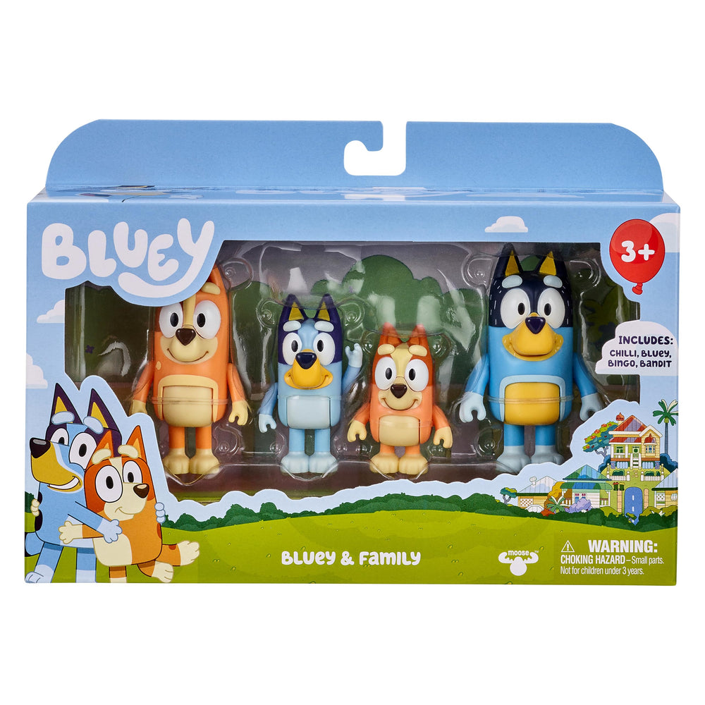 Bluey Family Figure Pack of 4, Robust Poseable Character Toys with Bingo, Chilli, and Bandit Figures, Toddler-Sized Animal Figurines for Kids Ages 3+